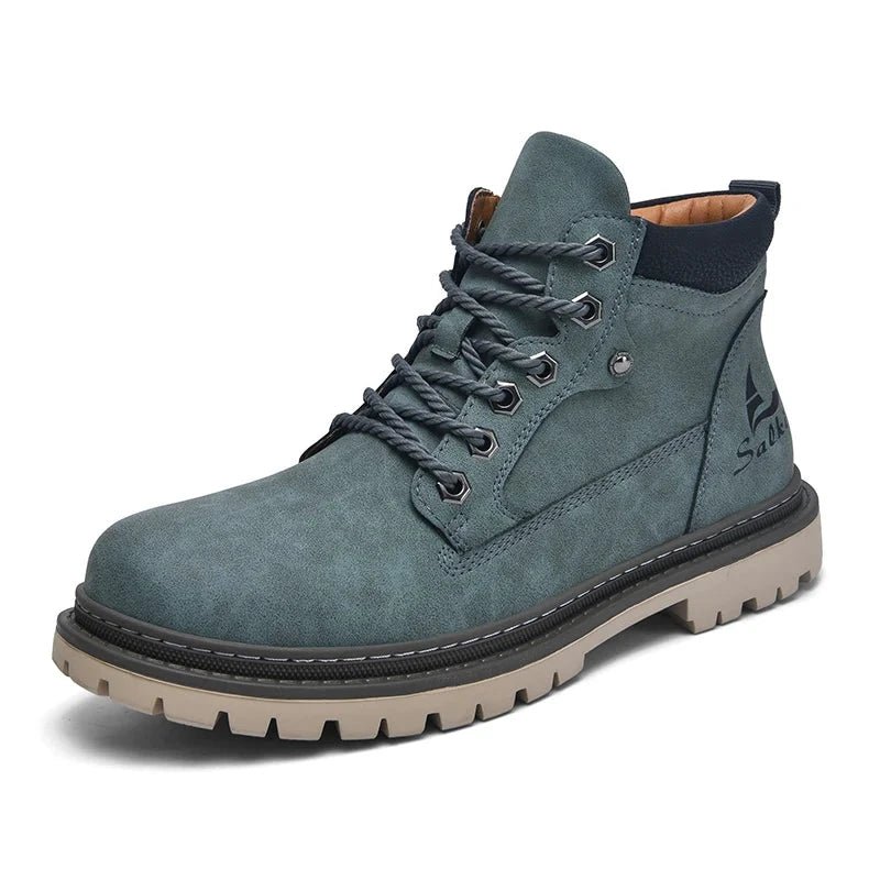 Mandotos handmade men's ankle winter leather boots with high-top design, outdoor hiking style, anti-slip soles, suitable for autumn.