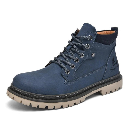 Mandotos handmade men's ankle winter leather boots with high tops, outdoor hiking style, anti-slip soles, suitable for autumn outdoor wear.