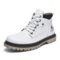 Mandotos handmade men's ankle winter leather boots with high-top design, outdoor hiking style, anti-slip soles, suitable for autumn.