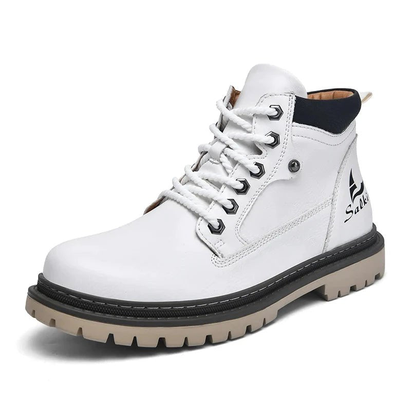 Mandotos handmade men's ankle winter leather boots with high-top design, outdoor hiking style, anti-slip soles, suitable for autumn.