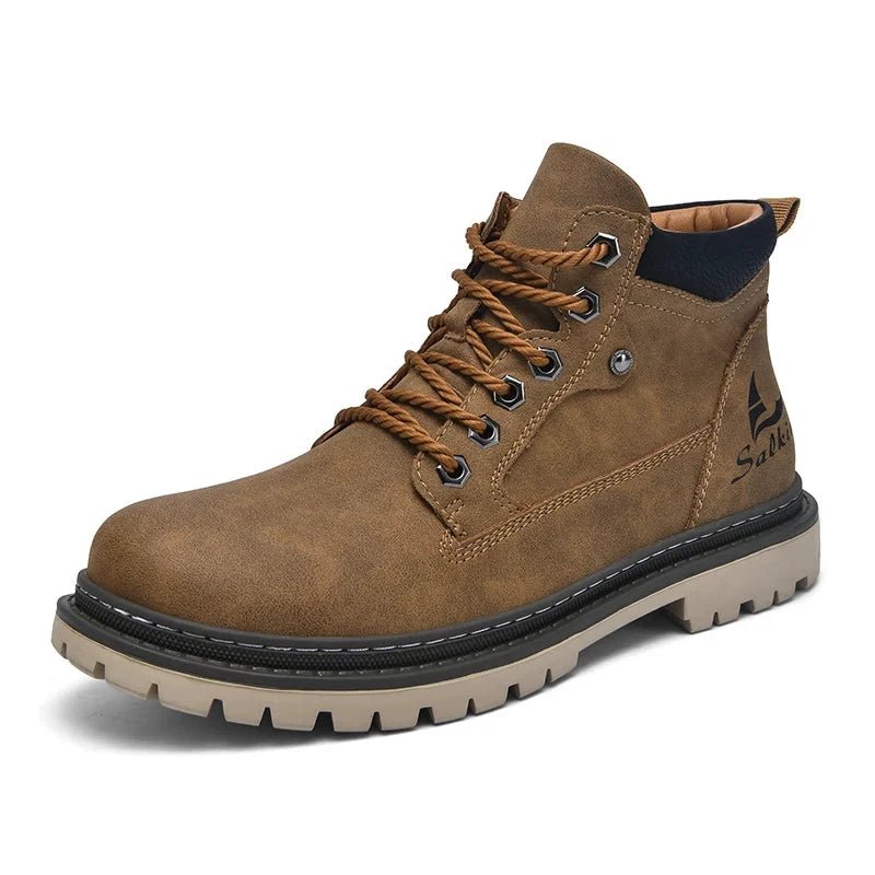 Mandotos handmade men's ankle winter leather boots with high top design, outdoor hiking style, anti-slip soles, suitable for autumn.