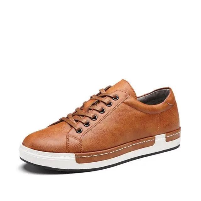 Mandotos handmade men's casual closed-toe trainers showing brown leather upper and comfortable sole.