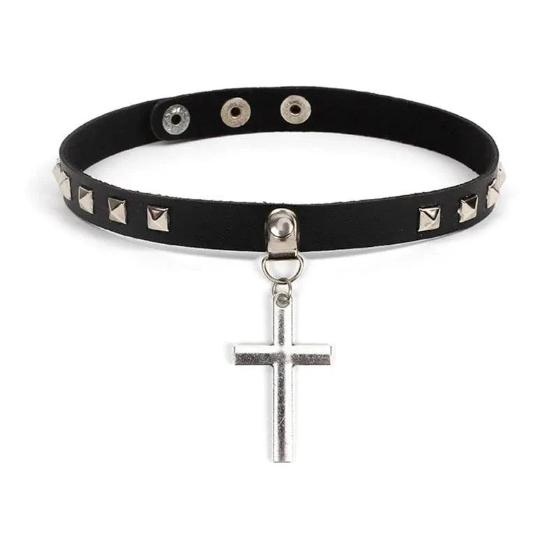 Mandotos Harajuku Punk Cross Choker featuring a black leather band with a metal cross pendant for edgy fashion style.