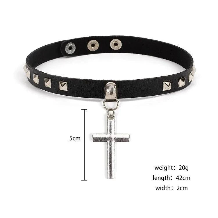 Mandotos Harajuku Punk Cross Choker featuring a black leather strap and silver cross pendant, stylish accessory for edgy fashion.