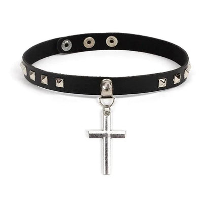 Mandotos Harajuku Punk Cross Choker with metal chain and cross pendant, showcasing edgy fashion accessory on a black background.