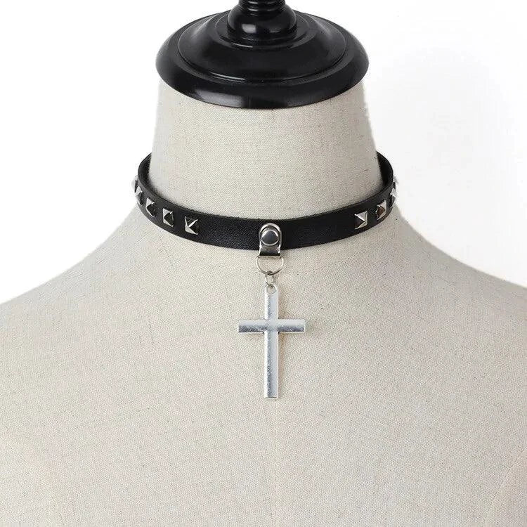 Mandotos Harajuku Punk Cross Choker featuring a black leather band with metal cross pendant for edgy fashion style.