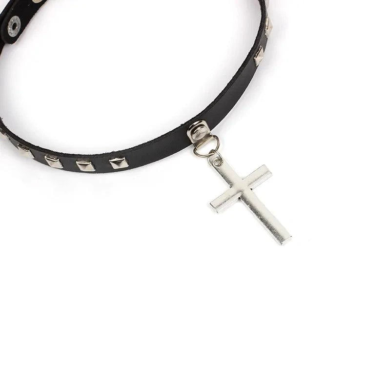 Mandotos Harajuku Punk Cross Choker featuring a bold black leather strap with metal cross pendant for edgy fashion.