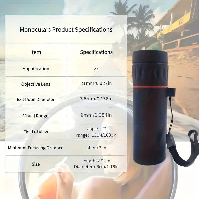 Mandotos HD monocular telescope 2000X25 compact and portable for outdoor activities, with a black body and zoom lens for clear viewing.