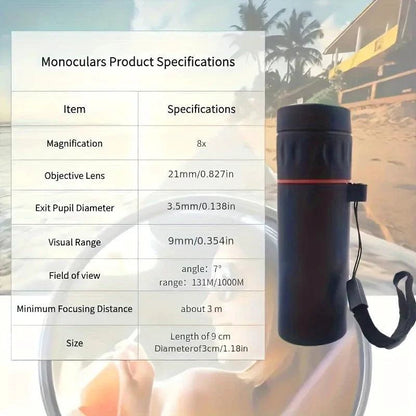 Mandotos HD monocular telescope 2000X25 compact and portable for outdoor activities, with a black body and zoom lens for clear viewing.