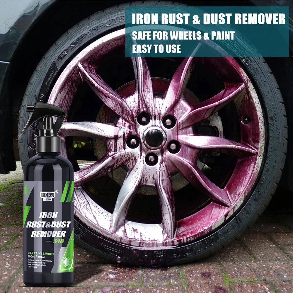 MANDOTOS HGKJ car paint and wheel iron particles remover spray cleaning metal surfaces and auto rims from rust and dust buildup.