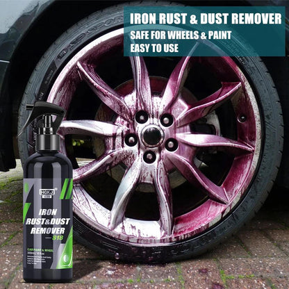 MANDOTOS HGKJ car paint and wheel iron particles remover spray cleaning metal surfaces and auto rims from rust and dust buildup.
