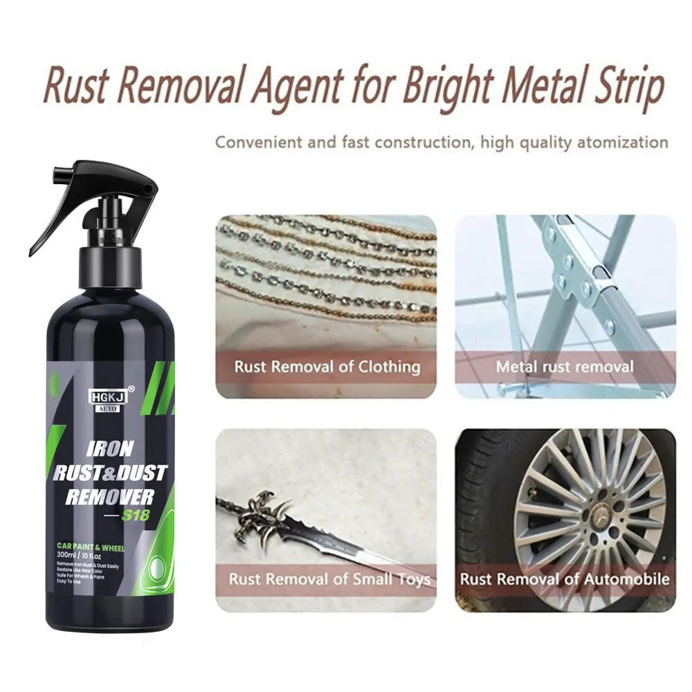 Mandotos HGKJ car paint and wheel iron particles remover spray cleaning metal surfaces and auto rims from rust and dust.