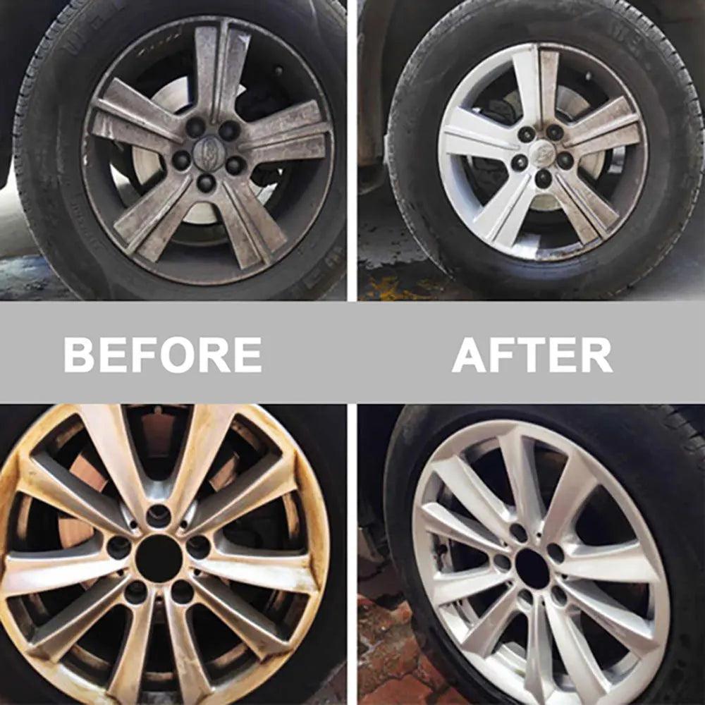 MANDOTOS HGKJ car paint and wheel iron particles remover spray cleaning rust and dust from metal surfaces and auto rims.