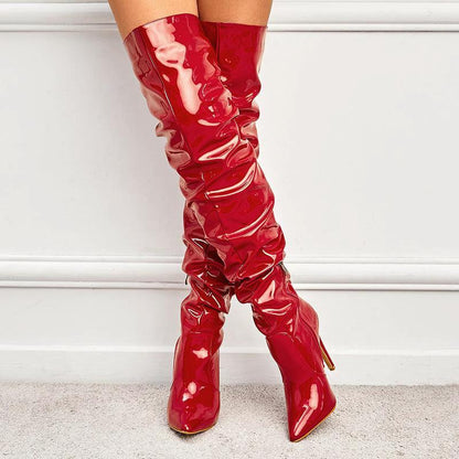 Mandotos high heel elastic knee-length patent leather boots with sleek design and shiny finish, stylish footwear for women.