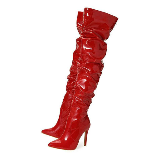 Mandotos high heel elastic knee-length patent leather boots shown in black with sleek design and shiny finish.