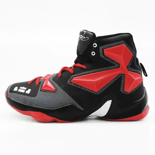 Mandotos high-performance outdoor basketball kicks showing black and red design with durable sole and ankle support.