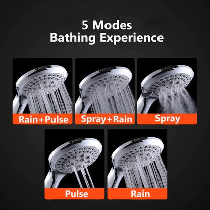 Mandotos high-pressure 5-mode handheld shower head with hose, featuring adjustable spray settings for a customizable shower experience.