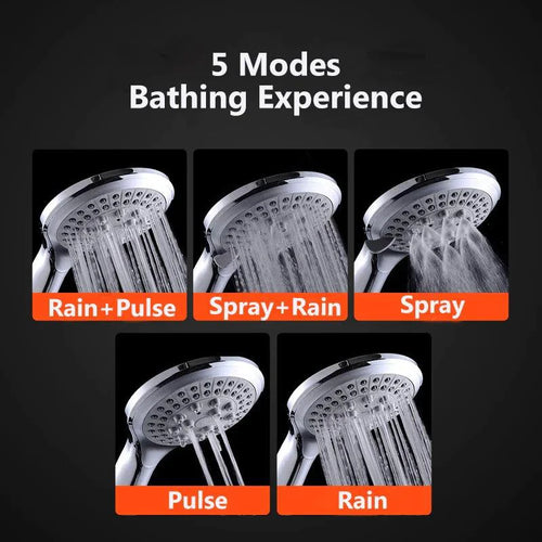 Mandotos high-pressure 5-mode handheld shower head with hose, featuring adjustable spray settings for a customizable shower experience.