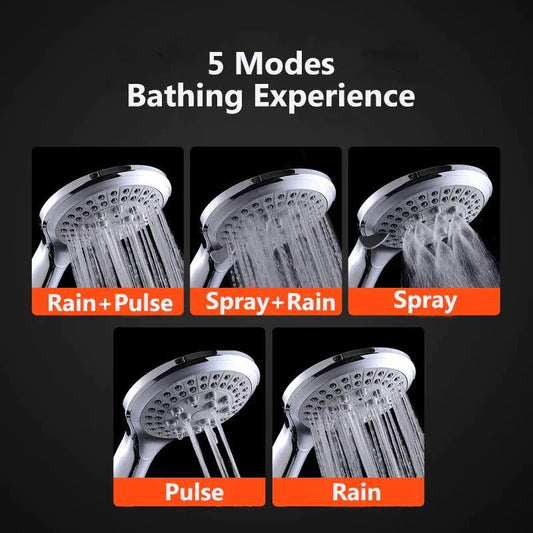 Mandotos high-pressure 5-mode handheld shower head with hose, featuring adjustable spray settings for a customizable shower experience.