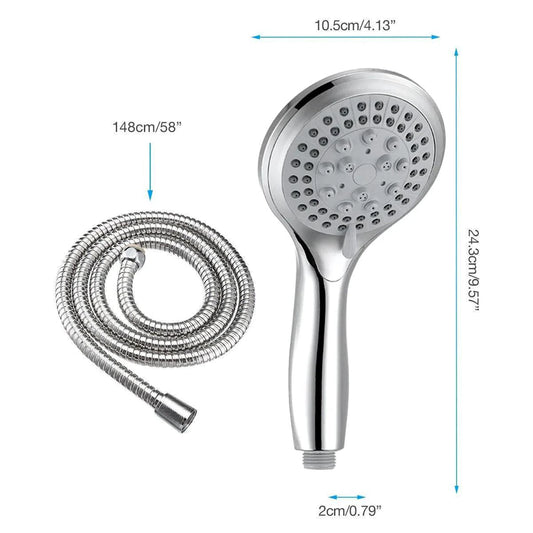 Mandotos high-pressure 5-mode handheld shower head with hose, featuring multiple spray settings and ergonomic handle.