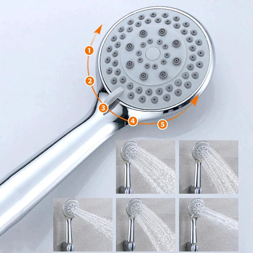 Mandotos high-pressure handheld shower with hose showing multiple spray modes and sleek design for bathroom use.