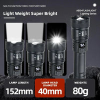 Mandotos high-power LED flashlight with 2000LM, tactical design, display light, USB charging, suitable for camping, fishing, and emergencies.