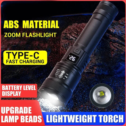 Mandotos high-power 2000LM LED tactical flashlight with display, USB charging, zoom lantern, suitable for camping, fishing, and emergencies.