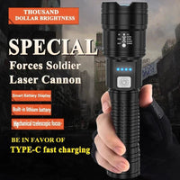 MANDOTOS high-power LED flashlight with 2000LM, tactical design, display light, USB charging, camping, fishing, and emergency zoom lantern