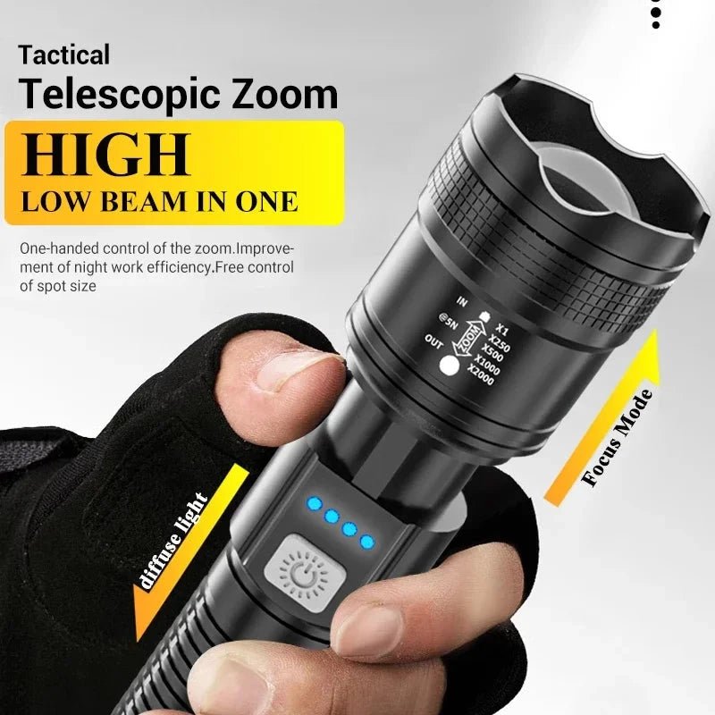 Mandotos high-power LED flashlight with 2000LM, tactical design, display light, USB charging, suitable for camping, fishing, and emergencies.