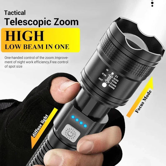 Mandotos high-power LED flashlight with 2000LM, tactical design, display light, USB charging, suitable for camping, fishing, and emergencies.