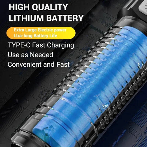 Mandotos high-power LED flashlight with 2000LM, tactical design, display light, USB charging, suitable for camping, fishing, and emergencies.