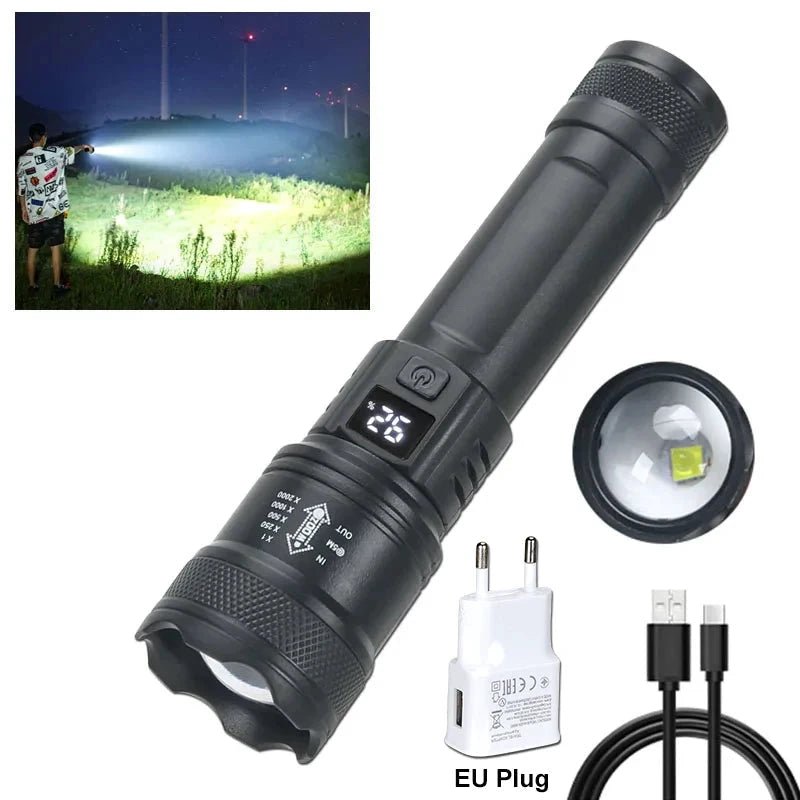 Mandotos high-power 2000LM LED tactical flashlight with display, USB charging, zoom lens, suitable for camping, fishing, and emergencies.