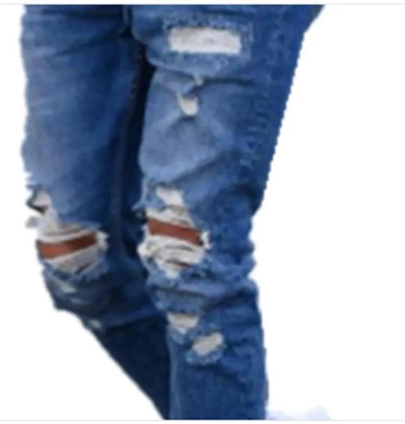 Mandotos men's jeans with stylish holes, slim fit design, denim fabric, and contemporary distressed look.