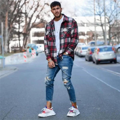 Mandotos men's jeans with stylish holes, classic blue denim, and modern distressed design for casual wear.