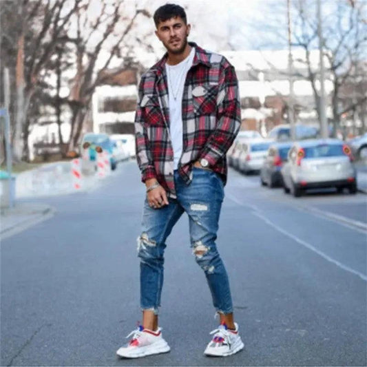 Mandotos men's jeans with stylish holes, classic blue denim, and modern distressed design for casual wear.