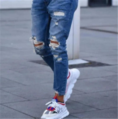 Mandotos men's jeans with stylish holes, featuring a classic fit and denim fabric for casual wear.
