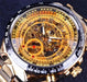 Mandotos hollow automatic mechanical watch with visible intricate gears and sleek design on a black leather strap.