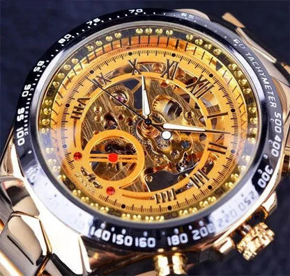 Mandotos hollow automatic mechanical watch with visible intricate gears and sleek design on a black leather strap.