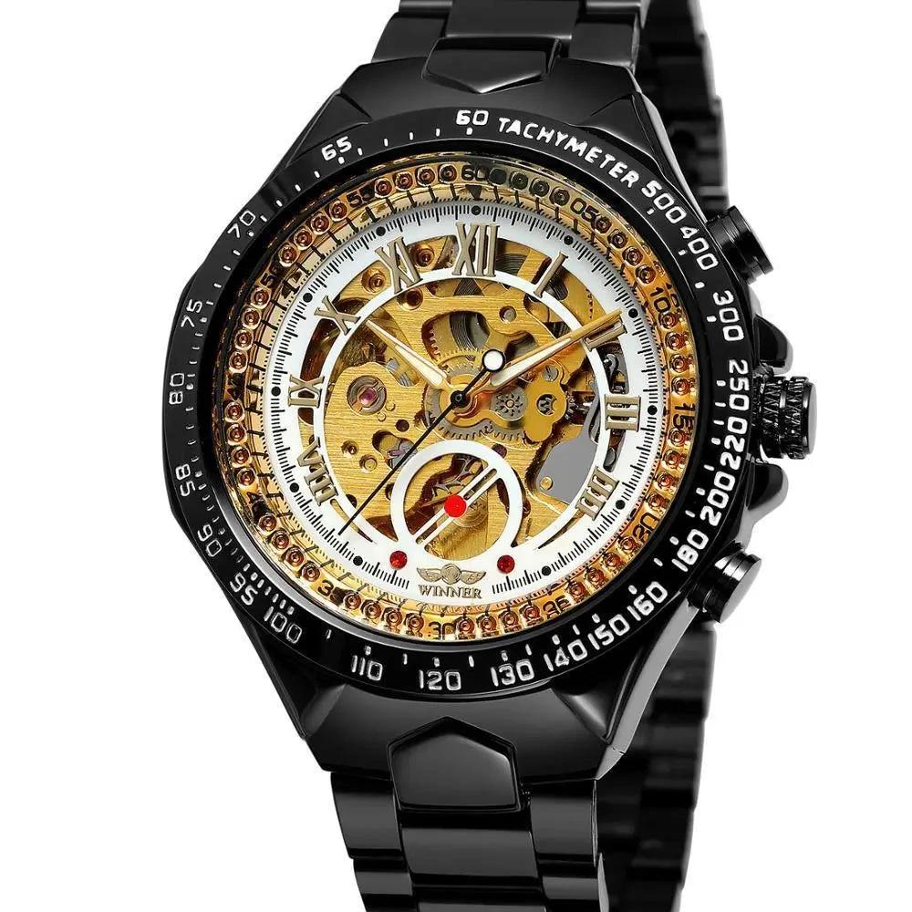 Mandotos hollow automatic mechanical watch with a sleek dial and visible movement, showcasing elegant craftsmanship.