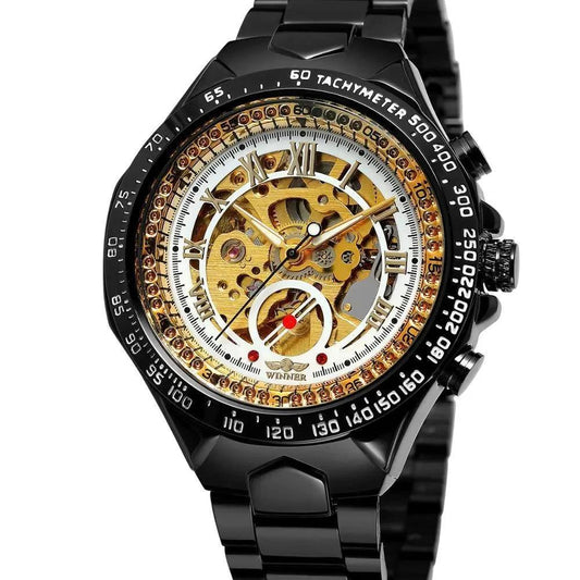 Mandotos hollow automatic mechanical watch with a sleek dial and visible movement, showcasing elegant craftsmanship.