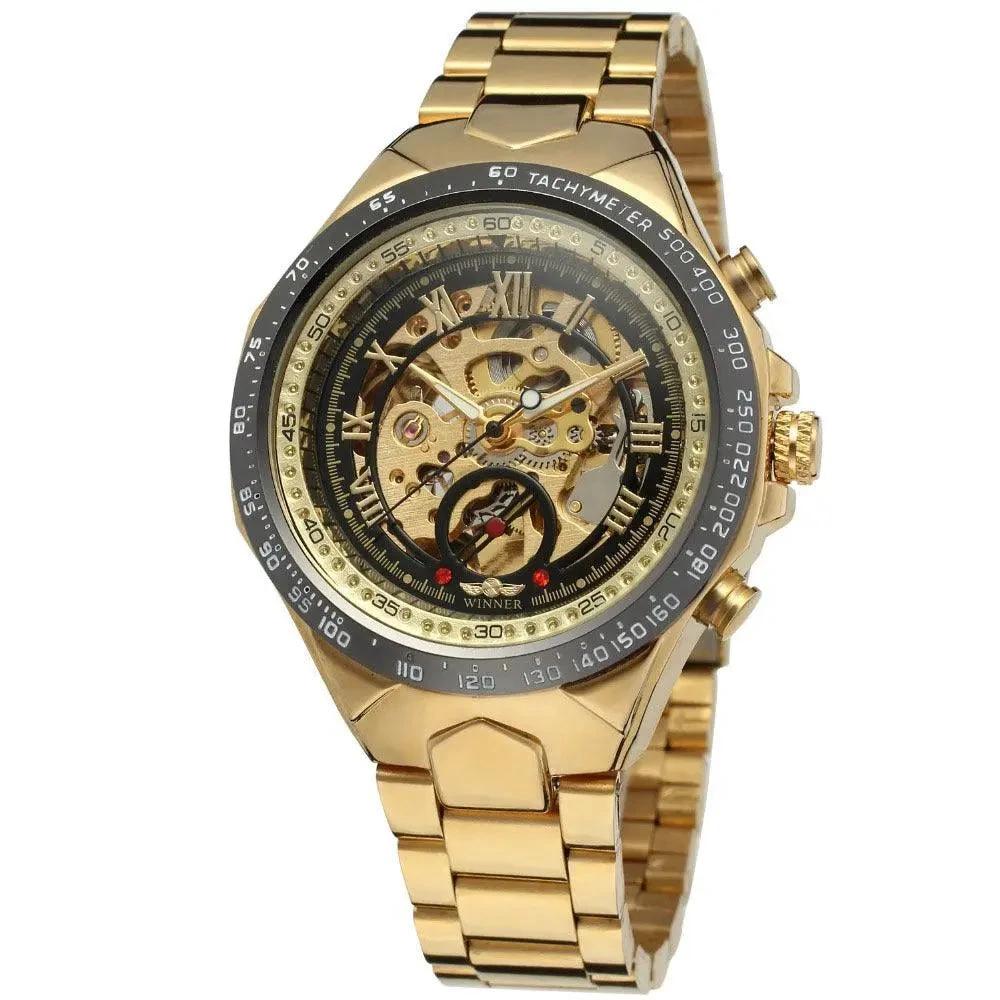 Mandotos hollow automatic mechanical watch with visible inner gears and sleek design on a white background.