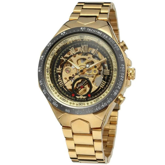 Mandotos hollow automatic mechanical watch with visible inner gears and sleek design on a white background.
