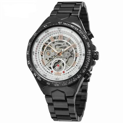 Mandotos hollow automatic mechanical watch with a sleek design, showcasing its intricate dial and stainless steel strap.