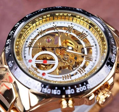 Mandotos hollow automatic mechanical watch with visible movement, sleek design, and stainless steel case.