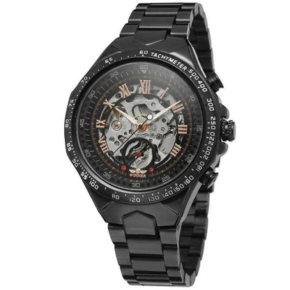 Mandotos hollow automatic mechanical watch with visible inner gears and sleek design, showcasing craftsmanship and precision.