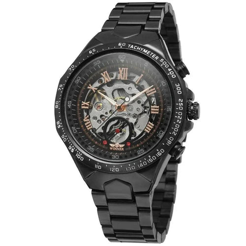 Mandotos hollow automatic mechanical watch with visible inner gears and sleek design, showcasing craftsmanship and precision.