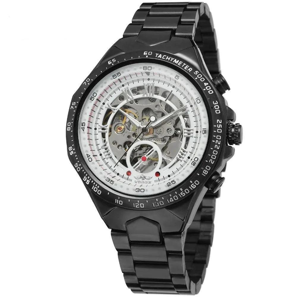 Mandotos hollow automatic mechanical watch with visible movement and stainless steel case, showcasing intricate watch mechanics.