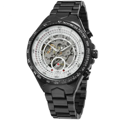 Mandotos hollow automatic mechanical watch with visible movement and stainless steel case, showcasing intricate watch mechanics.