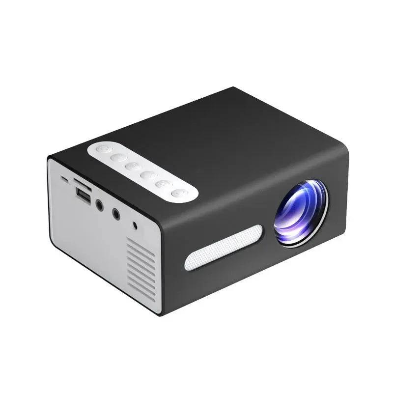 MANDOTOS Home Office T300 Mini Projector displaying HD 1080P image on a wall, compact design for portable projection.