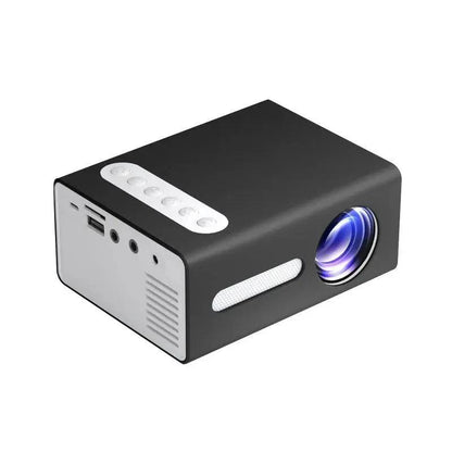 MANDOTOS Home Office T300 Mini Projector displaying HD 1080P image on a wall, compact design for portable projection.